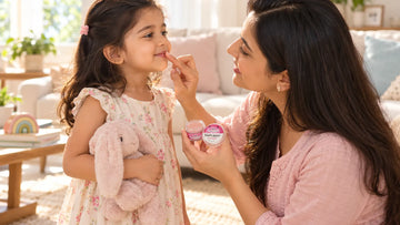 Mother dabbing a tiny amount of Dirty Good Strawberry Kids Lip Balm on her young daughter's lips