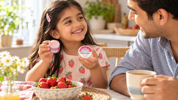 Girl holding an open tin of Dirty Good Strawberry Kids Lip Balm beside a bowl of strawberries at the kitchen table