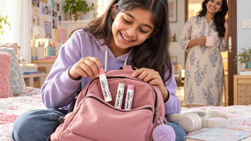 Tween girl packing Dirty Good Strawberry, Watermelon and Berry Blast chapsticks, the trio in the Fruity Squad, into her backpack