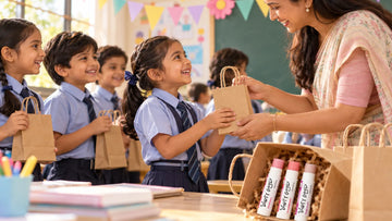 Teacher handing out Children's Day gift bags with Dirty Good Strawberry, Watermelon and Berry Blast chapsticks