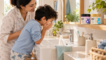 Boy washing his face at the sink on a step stool with his mother, with Dirty Good Cotton Candy Kids Body Wash and Vanilla Kids Body Butter on the shelf