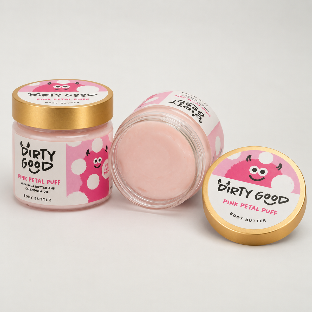 Pink Petal Kids Body Butter jars, one open showing pink butter