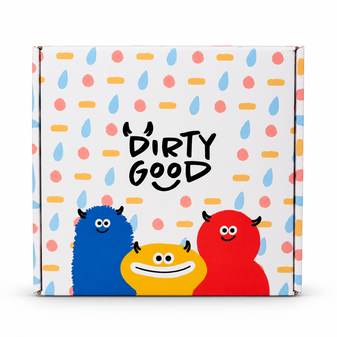 Big Box: Dirty Good gift box open and closed with monster characters