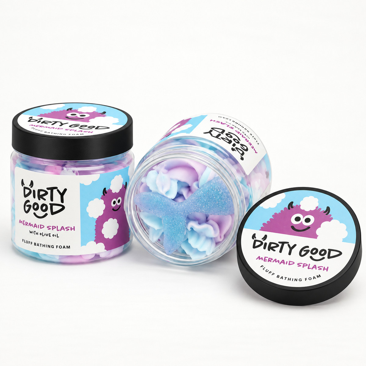 Mermaid Splash Kids Body Wash jars, one open showing blue and purple whipped foam