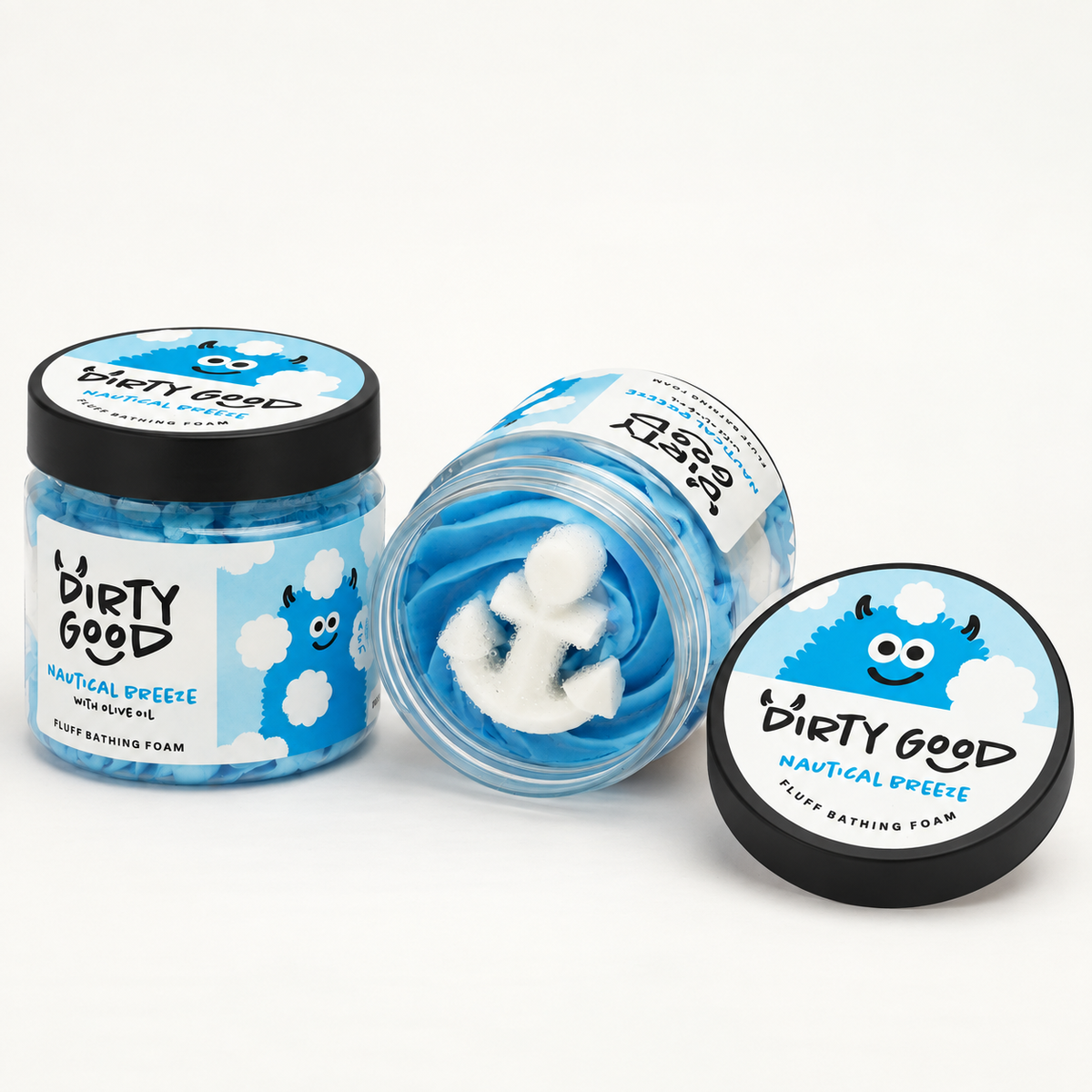 Nautical Breeze Kids Body Wash jars, one open showing blue whipped foam with an anchor