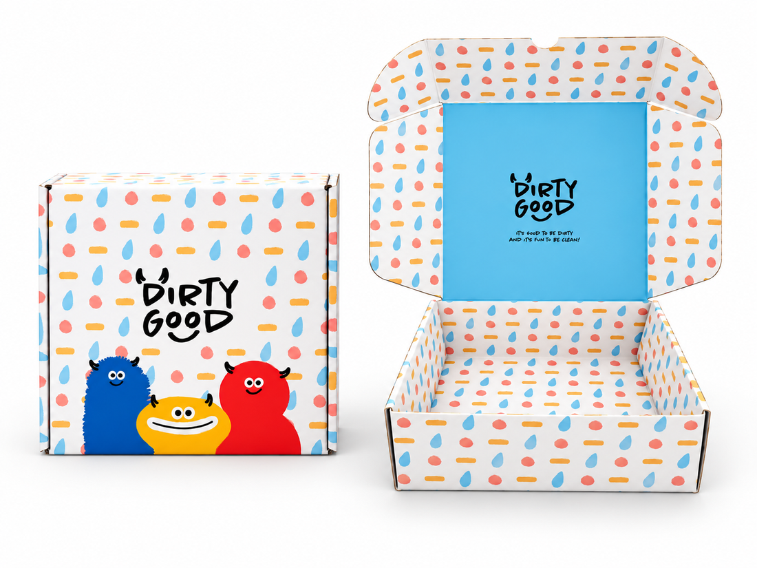 Big Box: Dirty Good gift box open and closed with monster characters