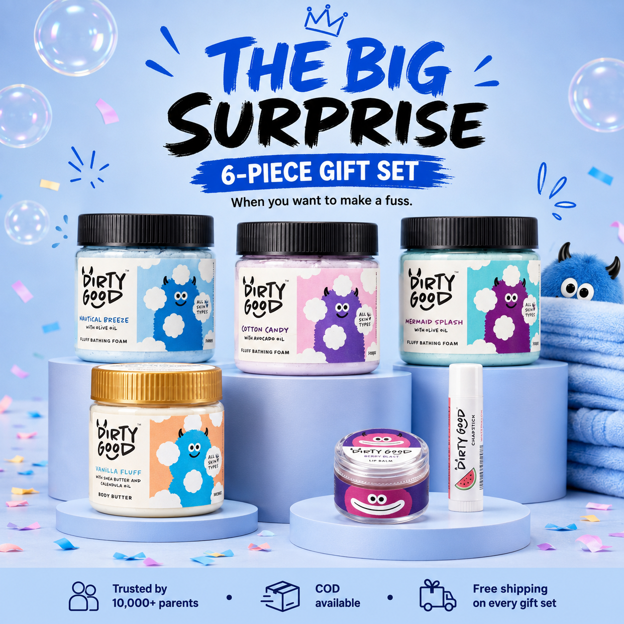 The Big Surprise 6-piece kids gift set - Boys: Nautical Breeze, Cotton Candy and Mermaid Splash bath wash, Vanilla Fluff body butter, Berry Blast lip balm, Watermelon chapstick