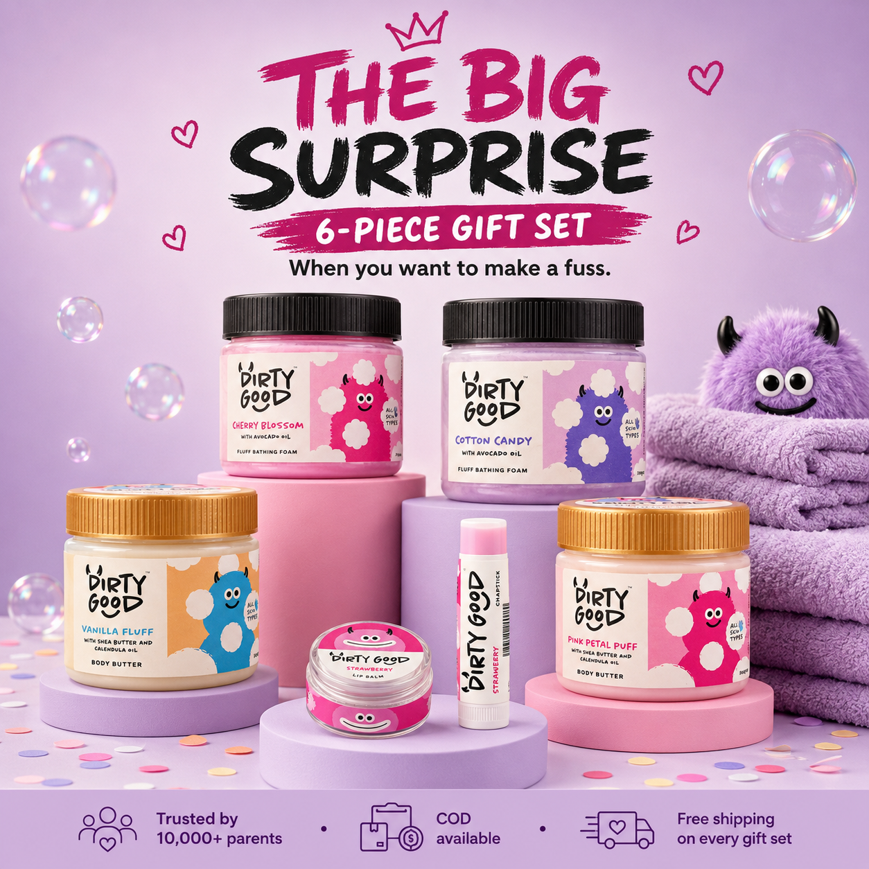 The Big Surprise 6-piece kids gift set - Girls: Cherry Blossom and Cotton Candy bath wash, Vanilla Fluff and Pink Petal Puff body butter, Strawberry lip balm and chapstick