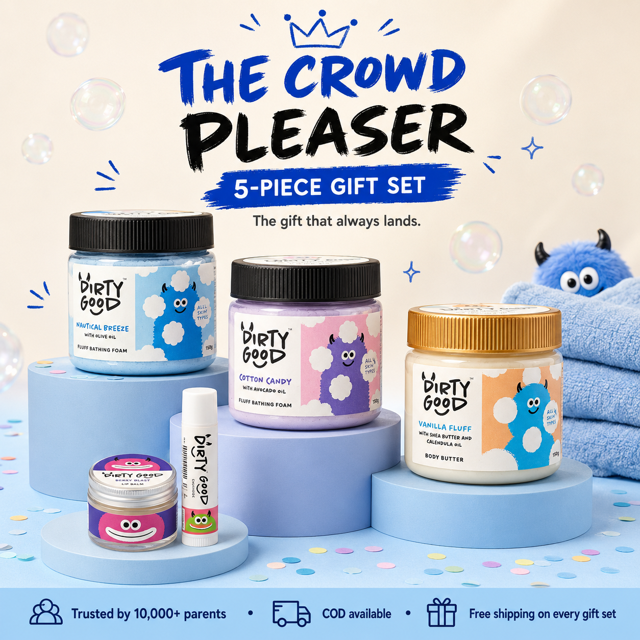 The Crowd Pleaser 5-piece kids gift set - Boys: Nautical Breeze and Cotton Candy bath wash, Vanilla Fluff body butter, Berry Blast lip balm, Watermelon chapstick