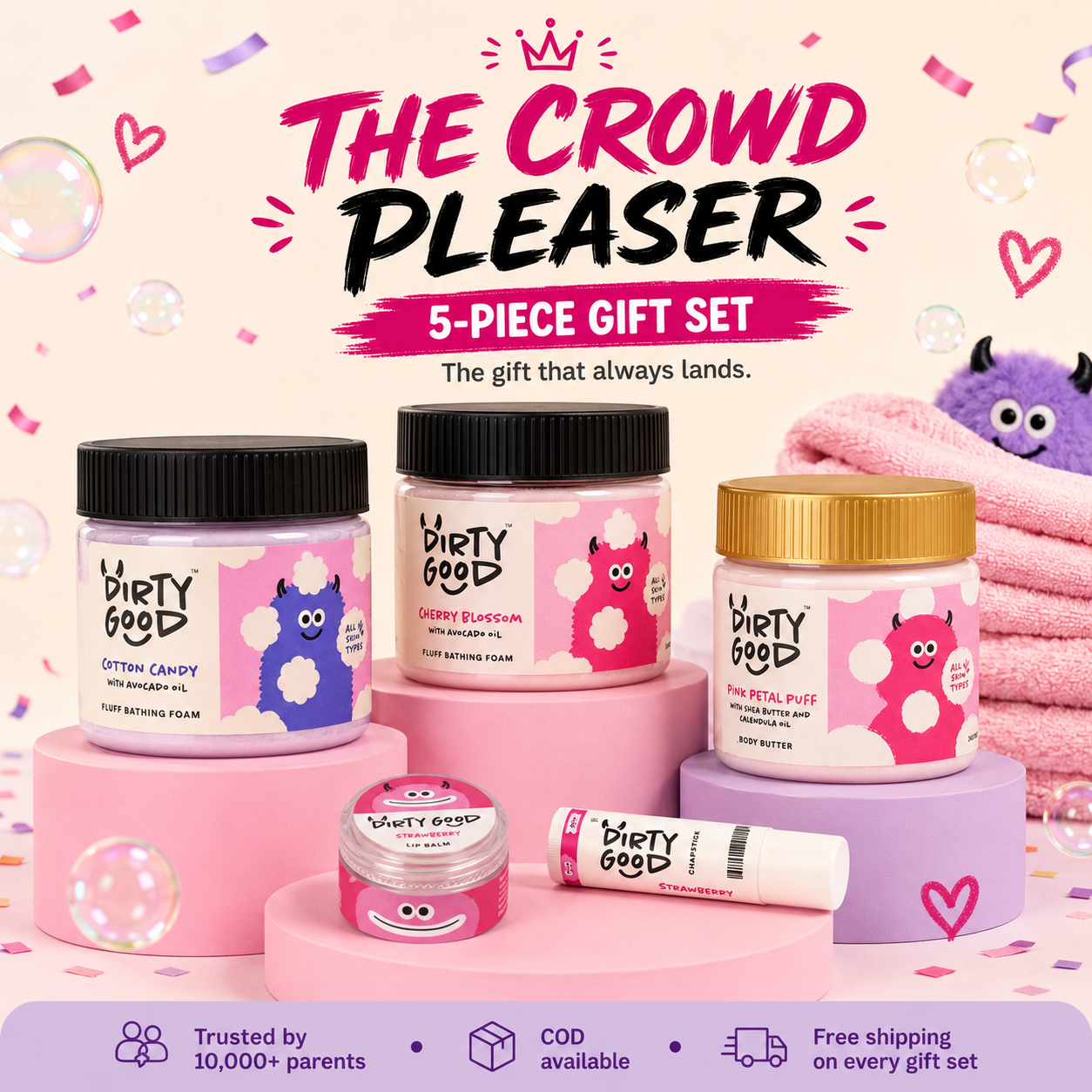 The Crowd Pleaser 5-piece kids gift set - Girls: Cotton Candy and Cherry Blossom bath wash, Pink Petal Puff body butter, Strawberry lip balm and chapstick