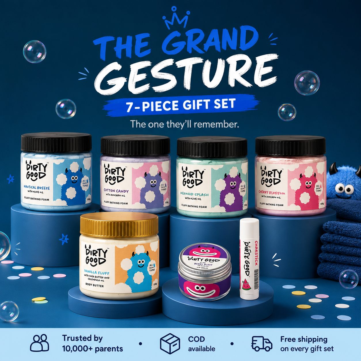 The Grand Gesture 7-piece kids gift set - Boys: Nautical Breeze, Cotton Candy, Mermaid Splash and Cherry Blossom bath wash, Vanilla Fluff body butter, Berry Blast lip balm, Watermelon chapstick