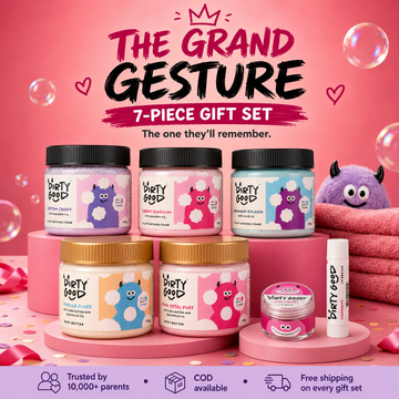 The Grand Gesture 7-piece kids gift set - Girls: Cotton Candy, Cherry Blossom and Mermaid Splash bath wash, Vanilla Fluff and Pink Petal Puff body butter, Strawberry lip balm and chapstick