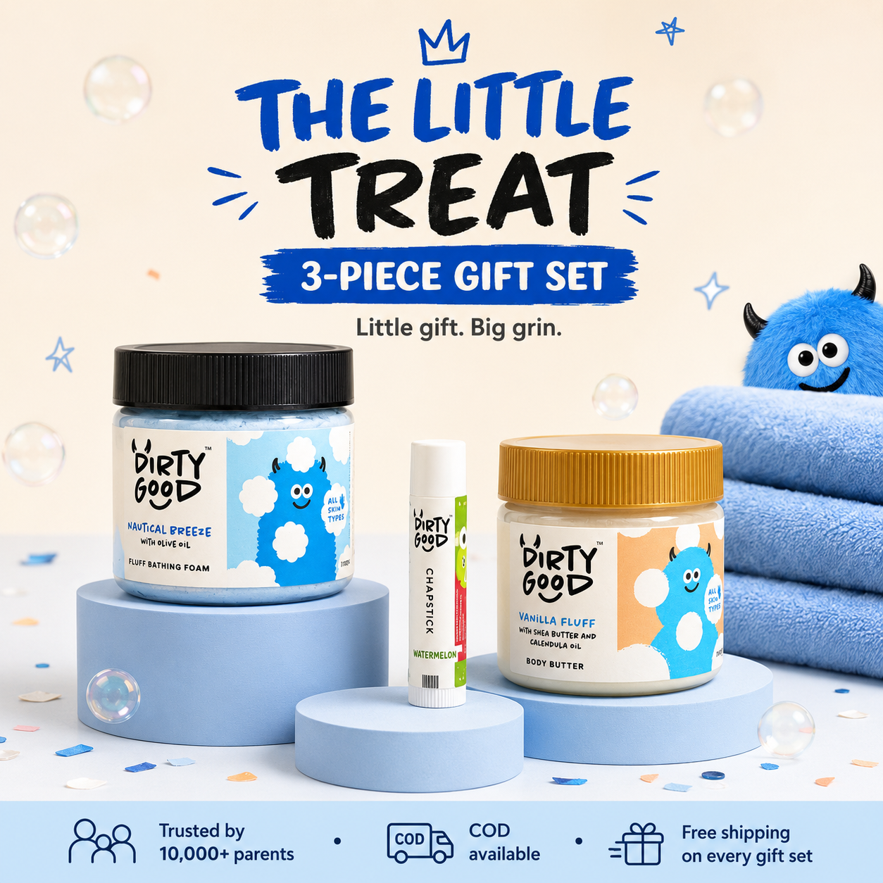 The Little Treat 3-piece kids gift set - Boys: Nautical Breeze bath wash, Vanilla Fluff body butter, Watermelon chapstick