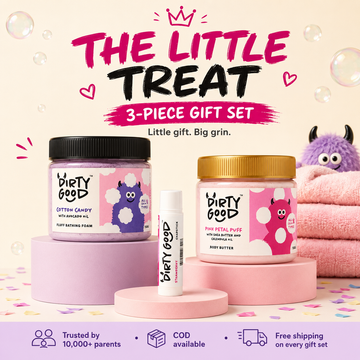 The Little Treat 3-piece kids gift set - Girls: Cotton Candy bath wash, Pink Petal Puff body butter, Strawberry chapstick