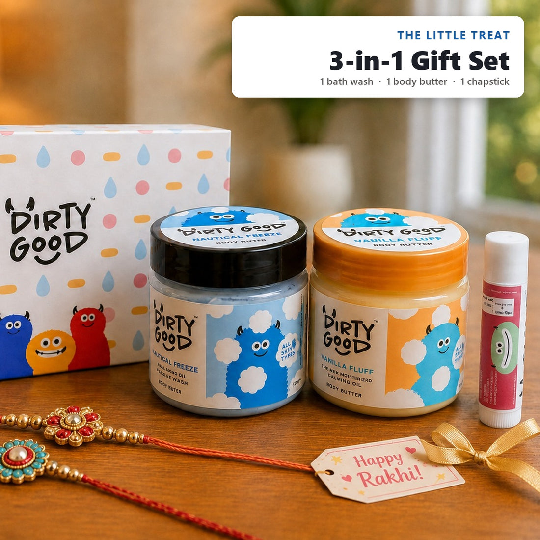 The Little Treat 3-in-1 kids gift set for boys, styled for Rakhi: Nautical Breeze bath wash, Vanilla Fluff body butter and a Watermelon chapstick with the Dirty Good gift box