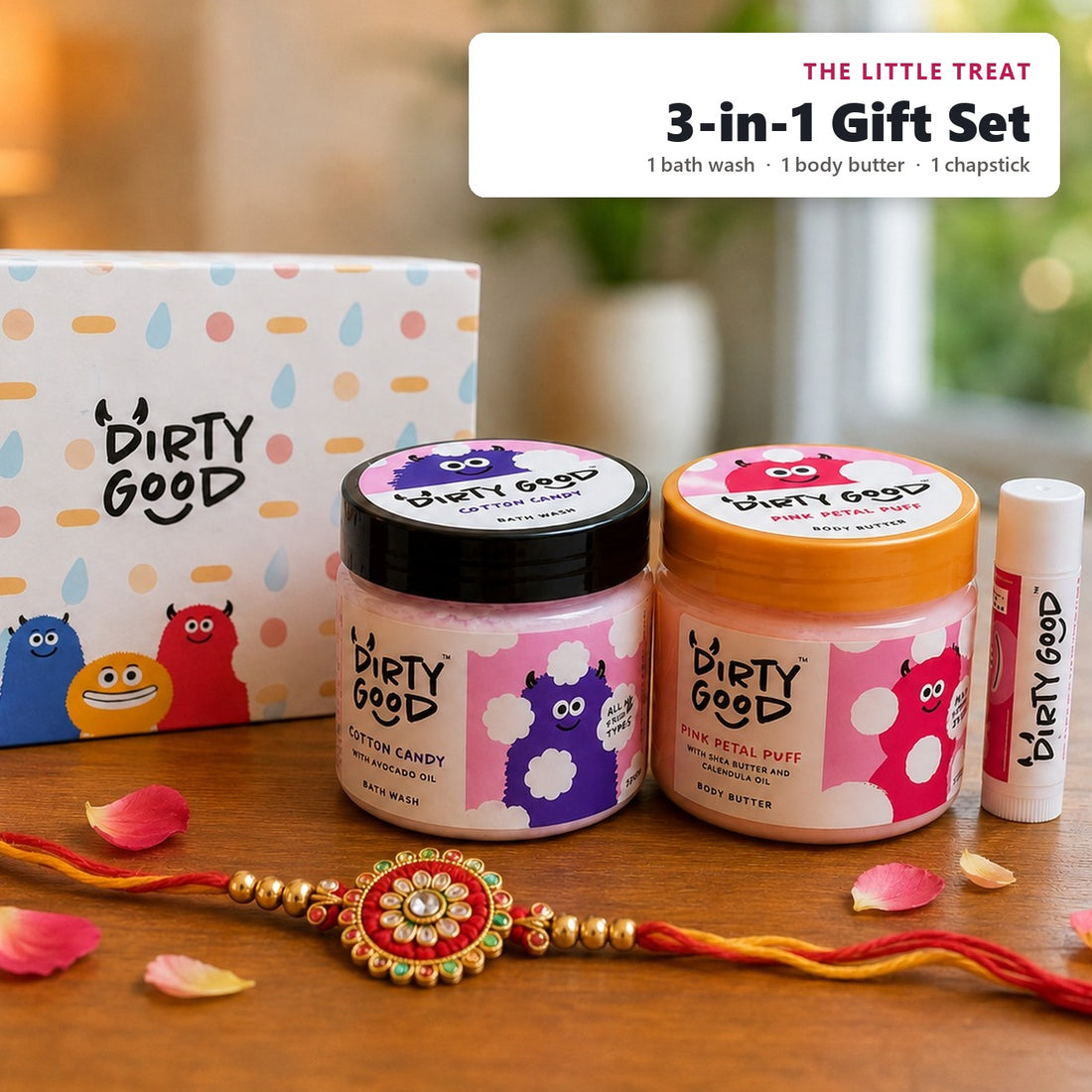 The Little Treat 3-in-1 kids gift set for girls, styled for Rakhi: Cotton Candy bath wash, Pink Petal Puff body butter and a Strawberry chapstick with the Dirty Good gift box
