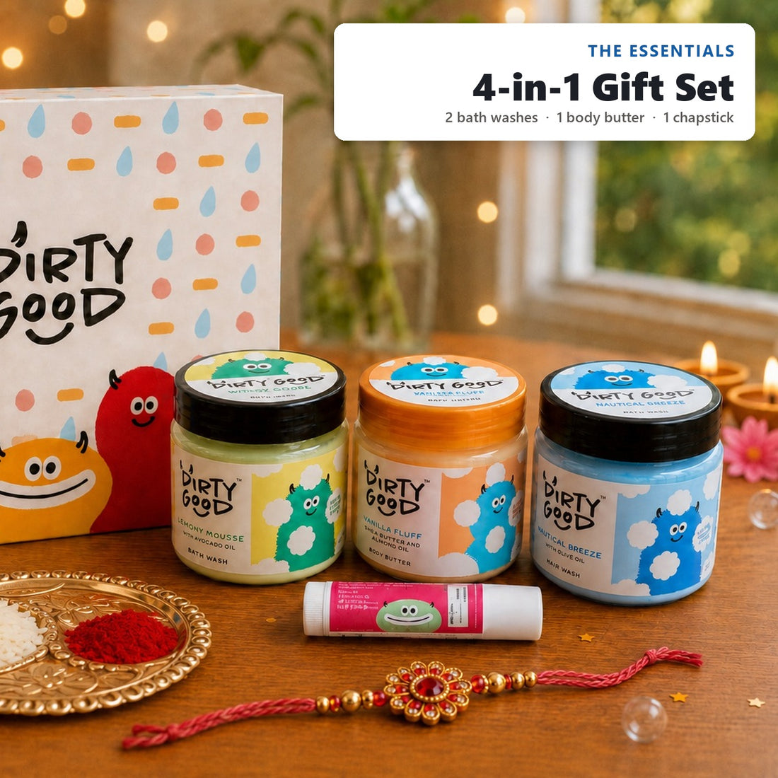 The Essentials 4-in-1 kids gift set for boys, styled for Rakhi: Nautical Breeze and Lemony Mousse bath washes, Vanilla Fluff body butter and a Watermelon chapstick with the Dirty Good gift box