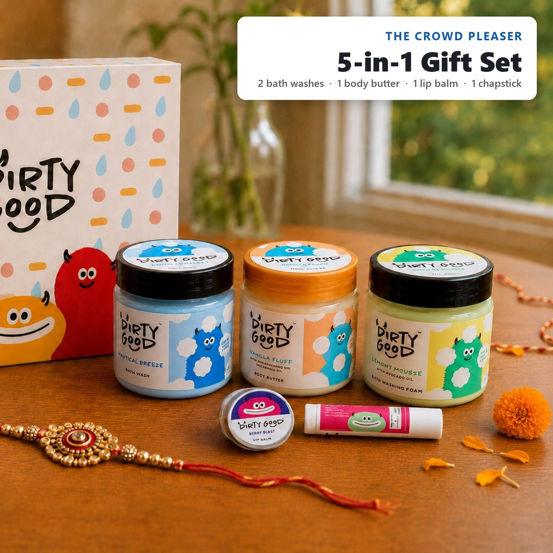 The Crowd Pleaser 5-in-1 kids gift hamper for boys, styled for Rakhi: Nautical Breeze and Lemony Mousse bath washes, Vanilla Fluff body butter, Berry Blast lip balm and Watermelon chapstick
