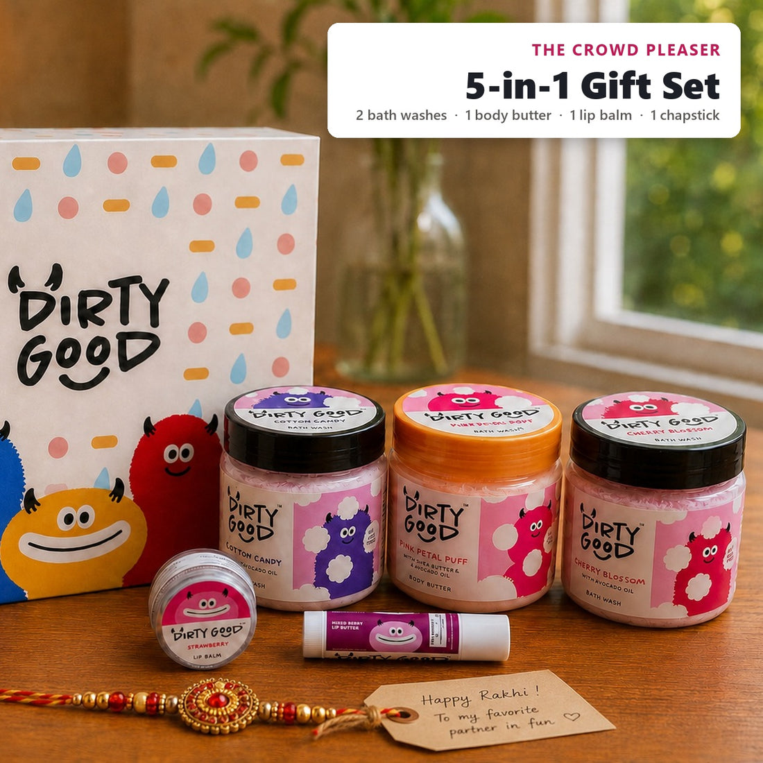 The Crowd Pleaser 5-in-1 kids gift hamper for girls, styled for Rakhi: Cotton Candy and Cherry Blossom bath washes, Pink Petal Puff body butter, Strawberry lip balm and Berry Blast chapstick