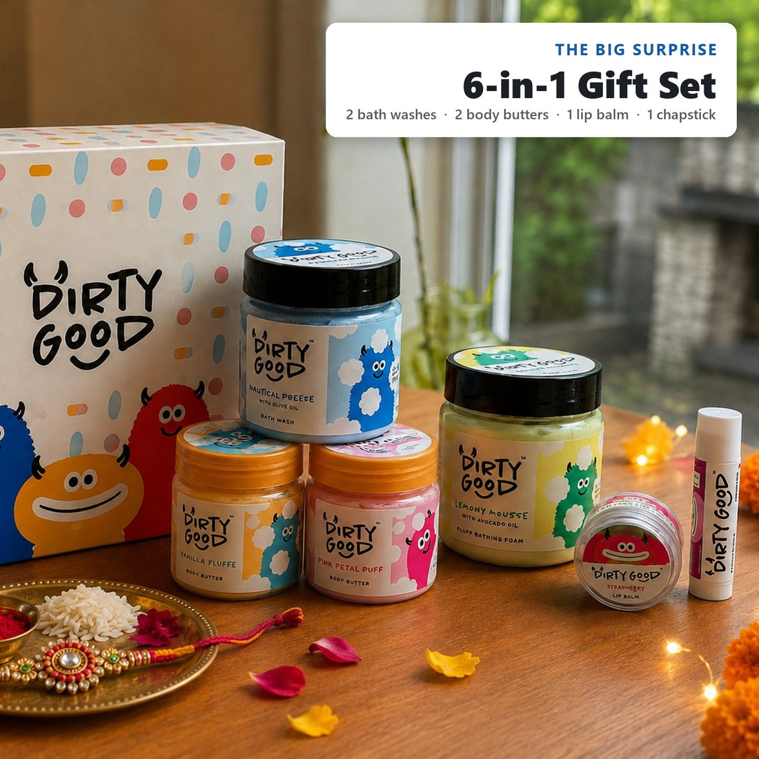 The Big Surprise 6-in-1 kids gift hamper for boys, styled for Rakhi: Nautical Breeze and Lemony Mousse bath washes, Vanilla Fluff and Pink Petal Puff body butters, Watermelon lip balm and Berry Blast chapstick