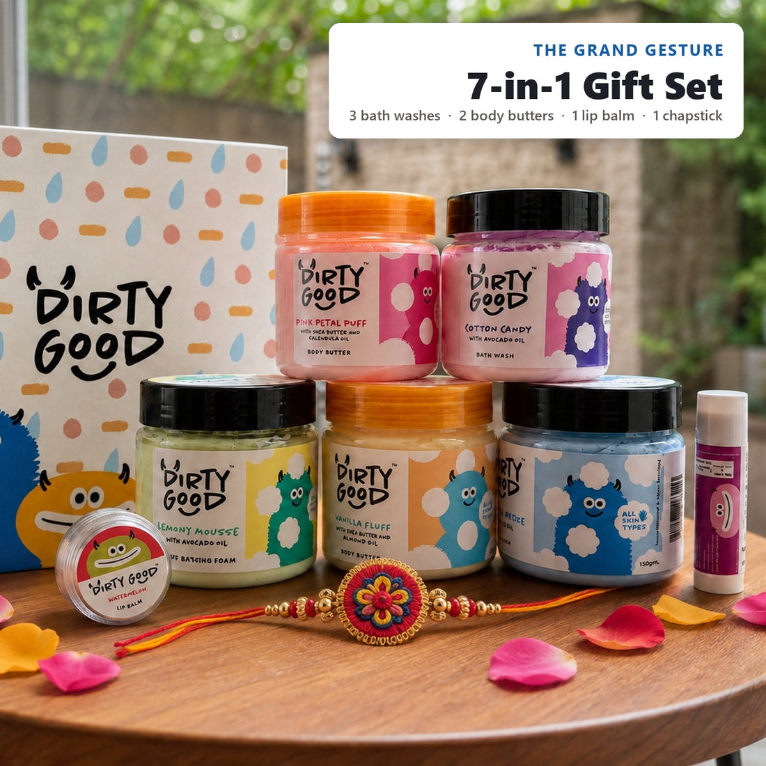 The Grand Gesture 7-in-1 kids gift hamper for boys, styled for Rakhi: Nautical Breeze, Lemony Mousse and Cotton Candy bath washes, Vanilla Fluff and Pink Petal Puff body butters, Watermelon lip balm and Berry Blast chapstick