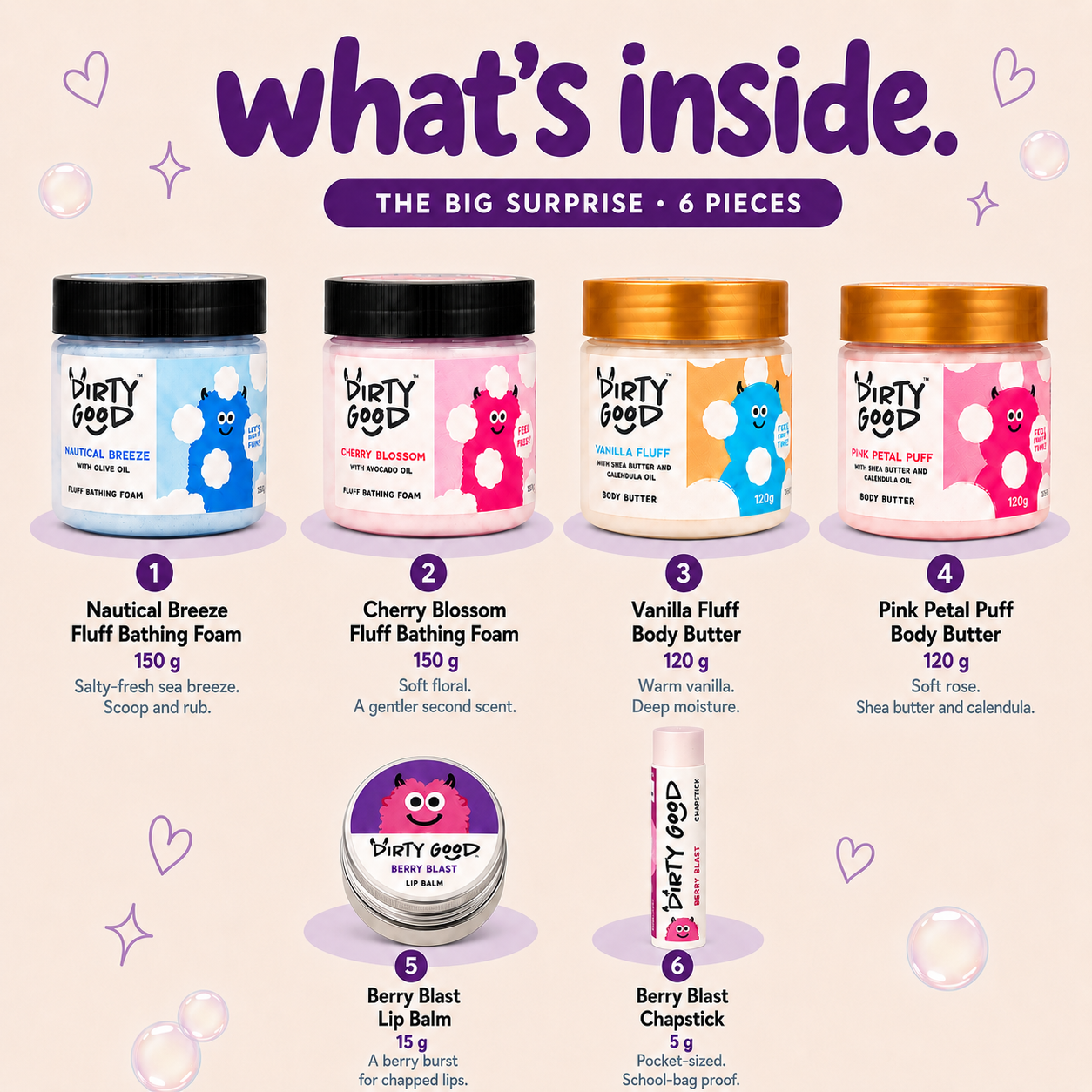 What's inside The Big Surprise 6-piece gift hamper Berry Mix - Cotton Candy and Mermaid Splash Fluff Bathing Foam 150g each, Vanilla Fluff and Pink Petal Puff Body Butter 120g each, Berry Blast Lip Balm 15g and Berry Blast Chapstick 5g