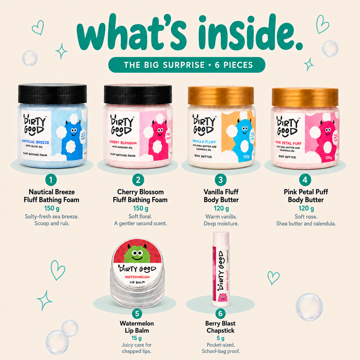 What's inside The Big Surprise 6-piece gift hamper Fresh Mix - Nautical Breeze and Cherry Blossom Fluff Bathing Foam 150g each, Vanilla Fluff and Pink Petal Puff Body Butter 120g each, Watermelon Lip Balm 15g and Berry Blast Chapstick 5g