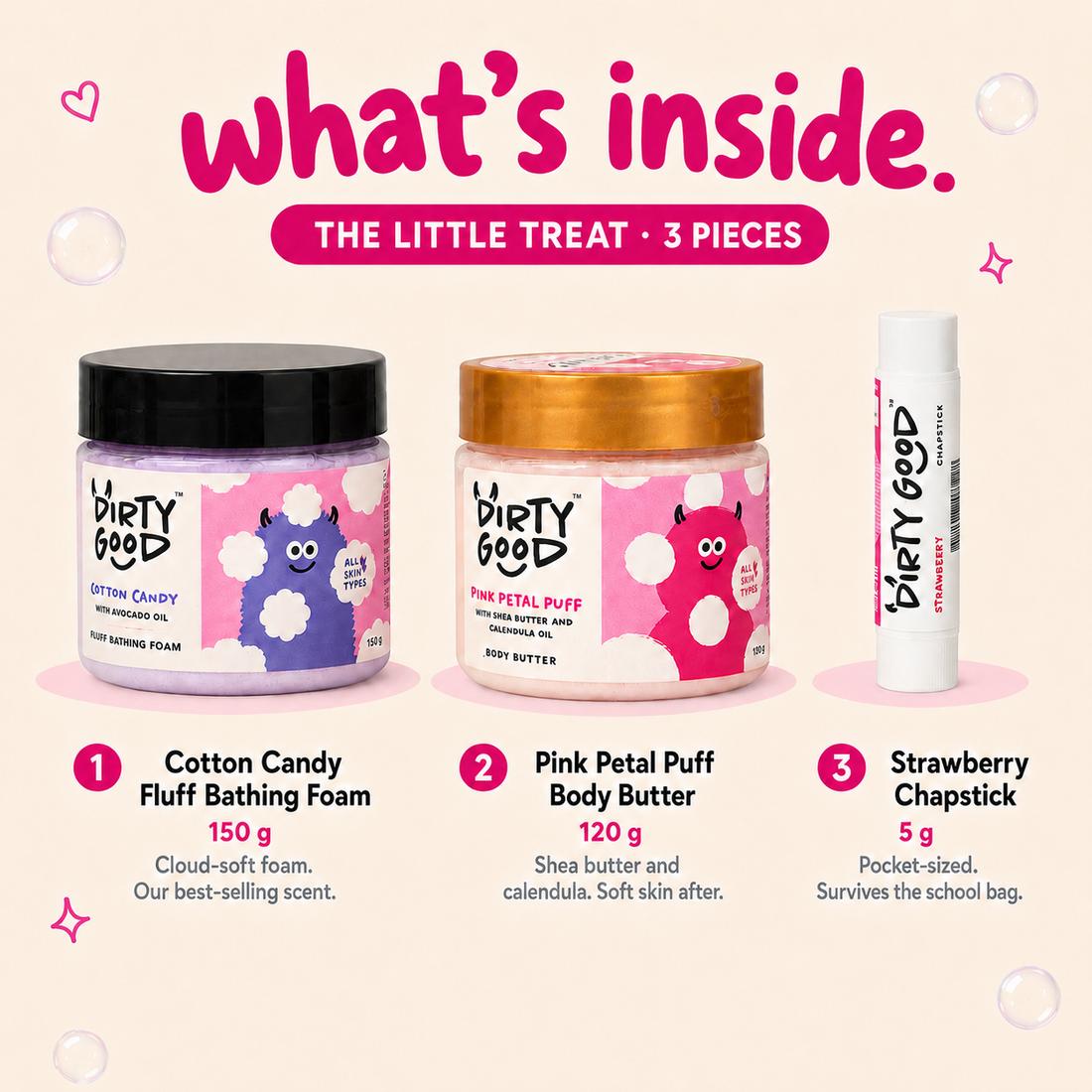 The Little Treat 3-in-1 kids gift set for girls, styled for Rakhi: Cotton Candy bath wash, Pink Petal Puff body butter and a Strawberry chapstick with the Dirty Good gift box