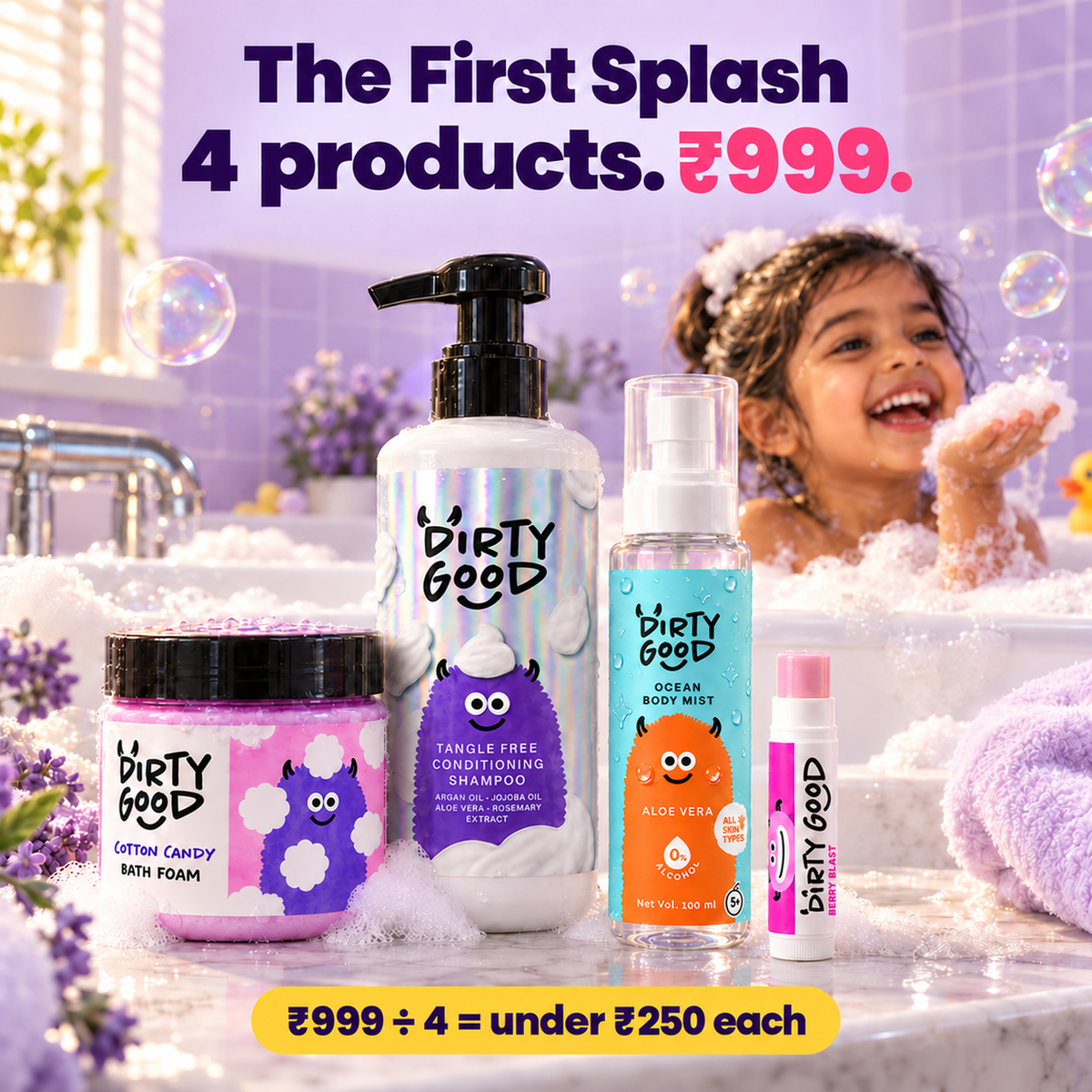 The First Splash: Cotton Candy Bath Foam, Tangle Free Conditioning Shampoo, Ocean Mist Body Mist and Berry Blast Chapstick, 4 products for ₹999