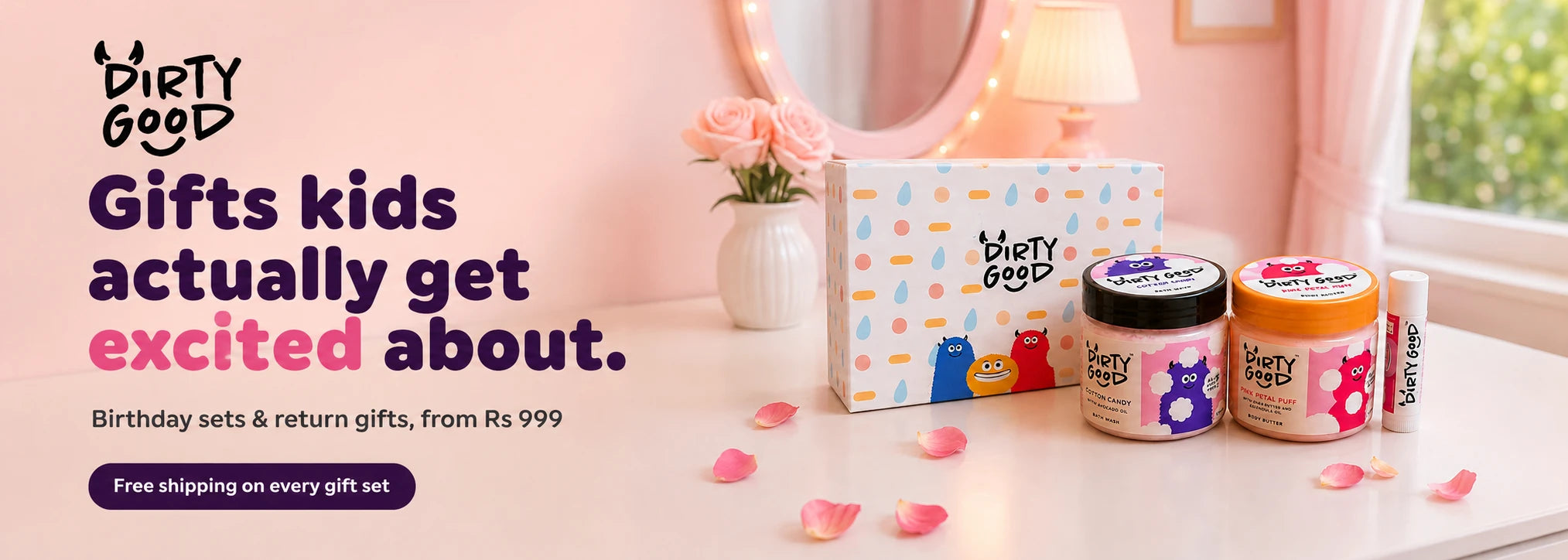 Gifts kids actually get excited about — real Dirty Good gift box with Cotton Candy bath wash, Pink Petal Puff body butter and chapstickslider_item_NM4P3F