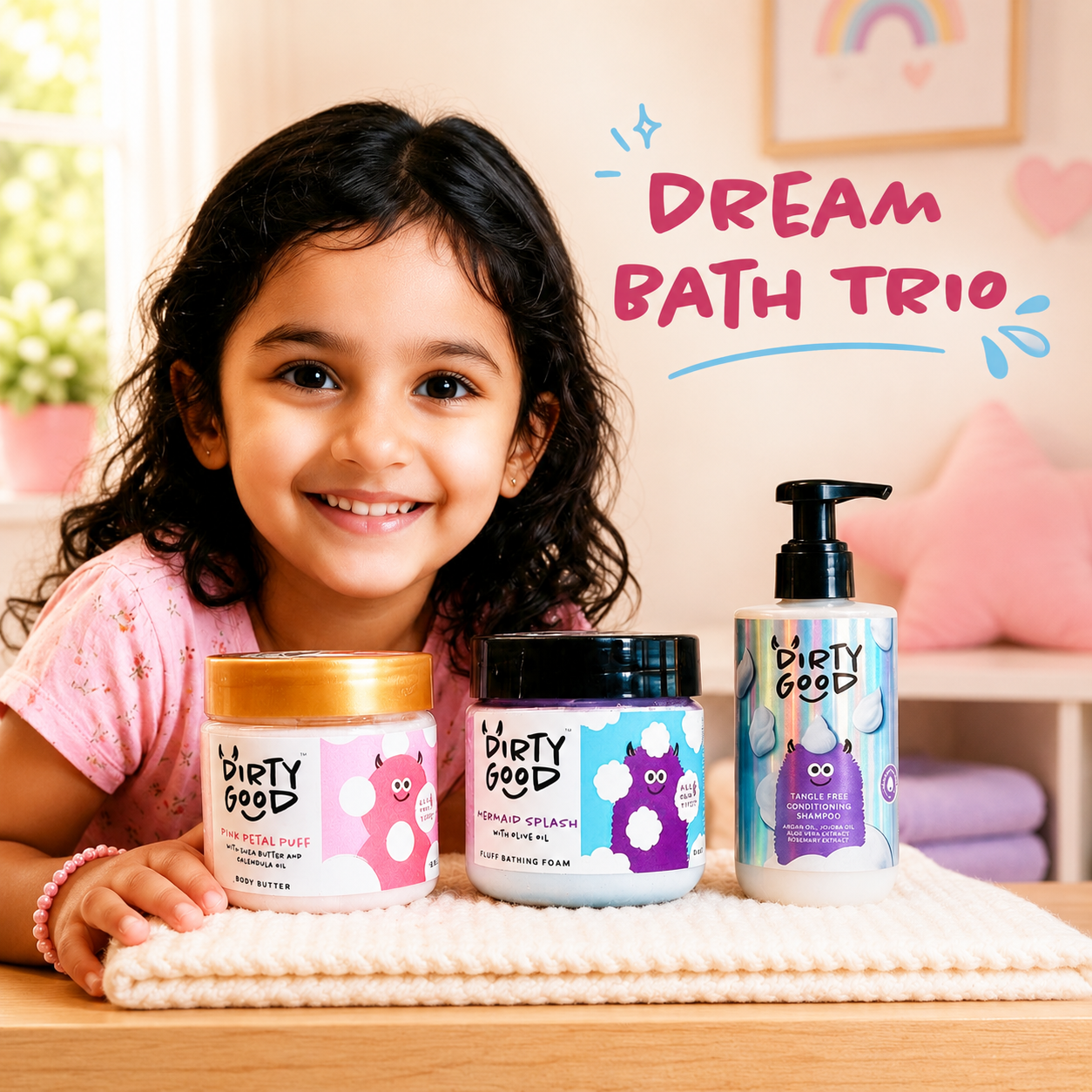 Dream Bath Trio — Pink Petal Puff Body Butter, Mermaid Splash Fluff Bathing Foam and Tangle Free Conditioning Shampoo