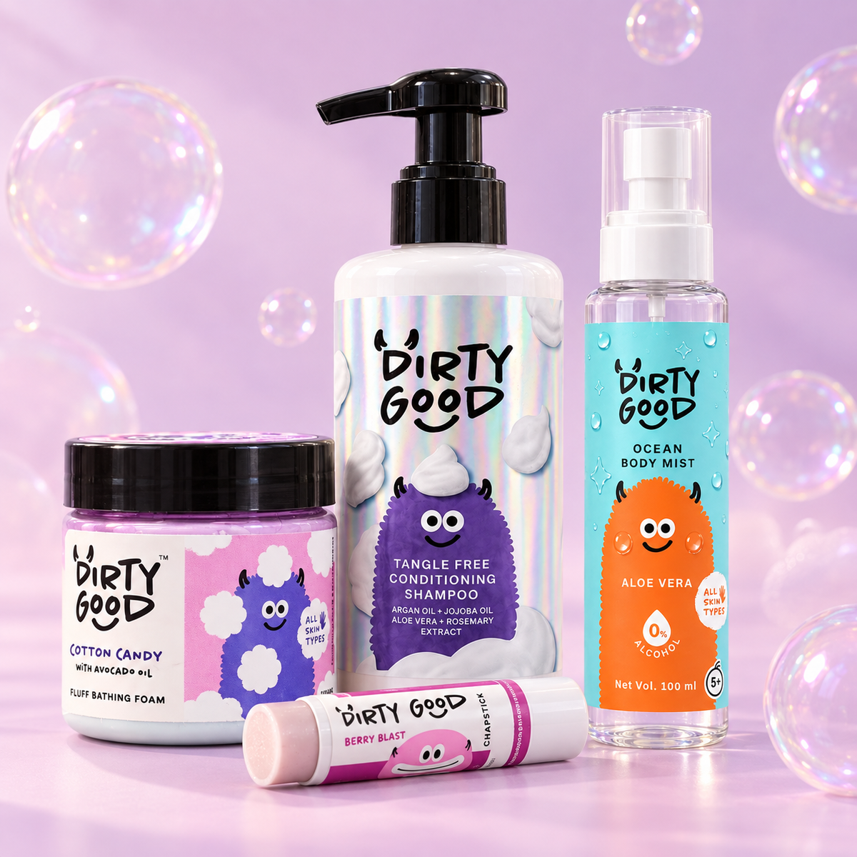 The First Splash, Cotton Candy: bath wash, tangle free shampoo, Ocean Body Mist and a Berry Blast chapstick