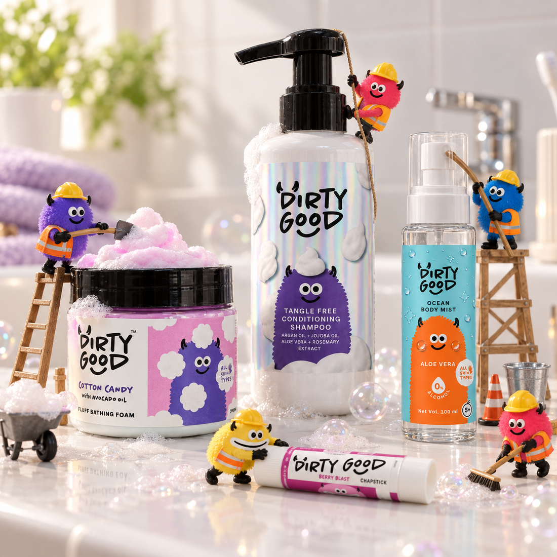 The First Splash, Cotton Candy: bath wash, tangle free shampoo, Ocean Body Mist and a Berry Blast chapstick