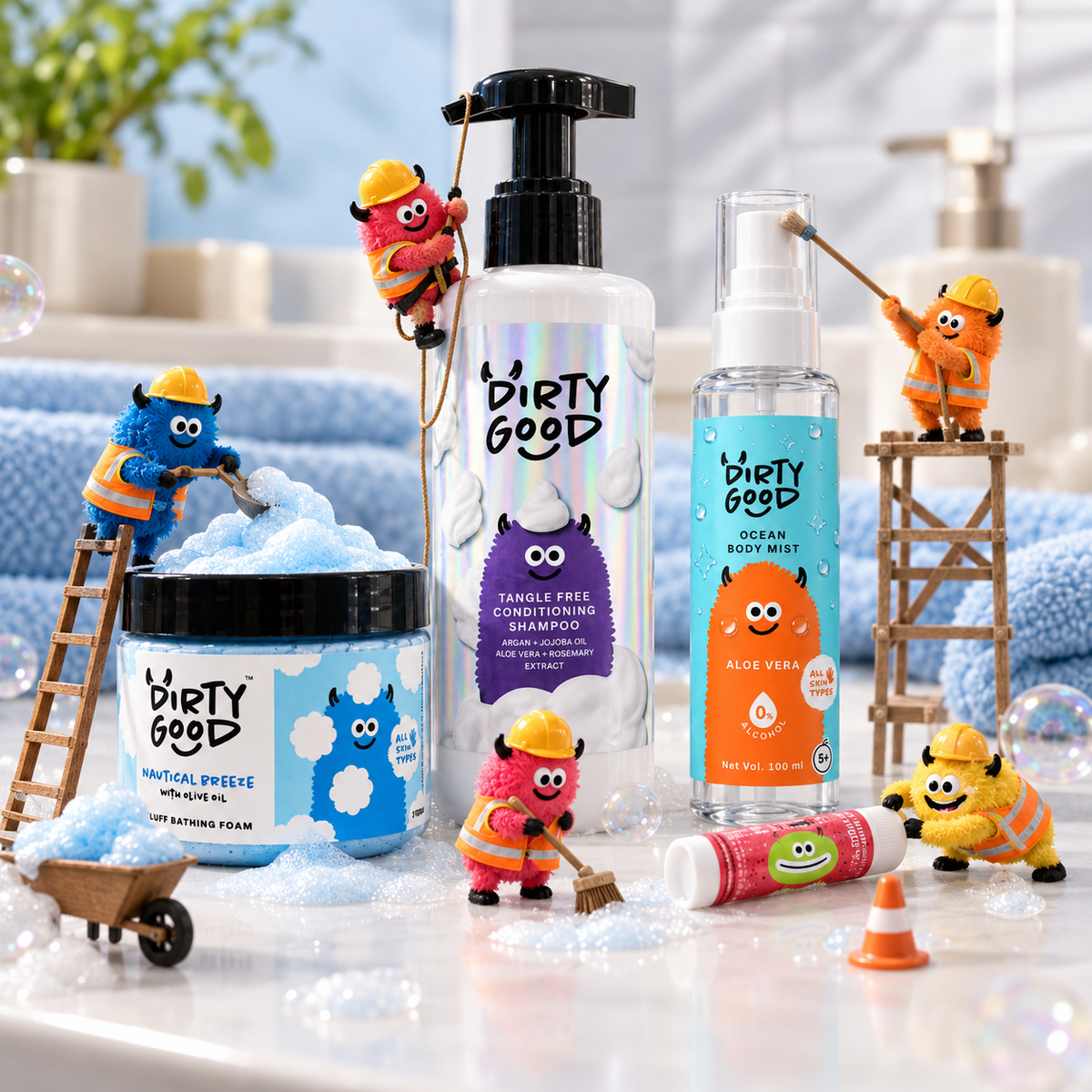 Tiny Dirty Good monsters working like a construction crew around the giant First Splash products